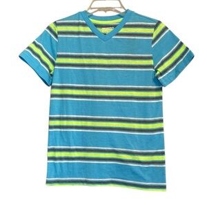 Arizona v neck short sleeve t-shirt blue green gray white striped NWT boy 10 12